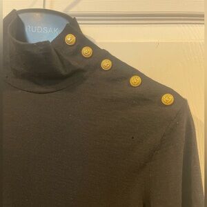 Balmain 100% wool Black Turtleneck with Gold Button Detail size 40 2 small holes
